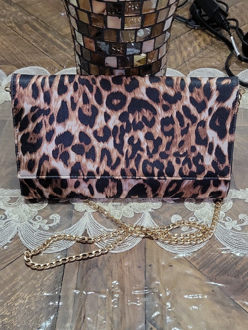 Leopard Print Chain Clutch Bag - Brown